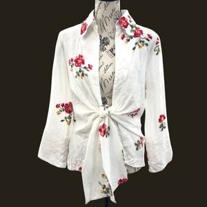 Neiman Marcus White 100% Linen Floral Embroidered Tie Front Blouse Sheer Boho S